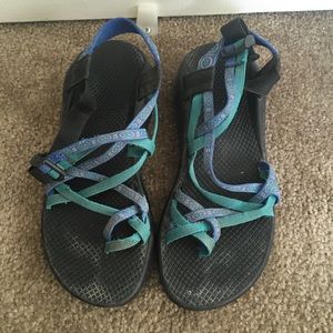 Blue and green toe double strap chacos